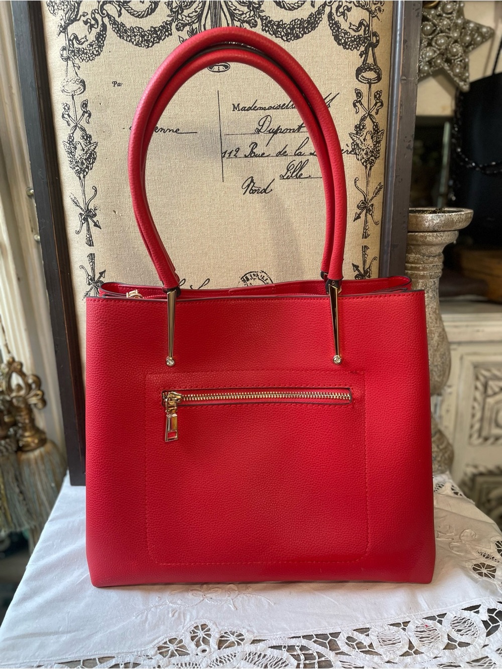 Red vegan leather gold hardware classic tote shoulder bag